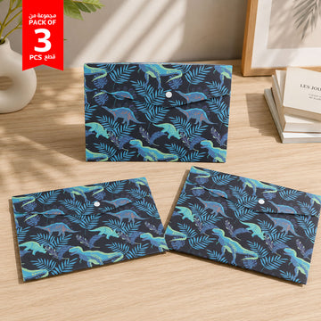 Set of 3 dinosaur print document folders, blue/teal dino pattern with snap button
