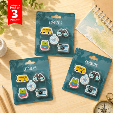 Pack of 3 travel-themed erasers on teal blister card with bus, camera, compass