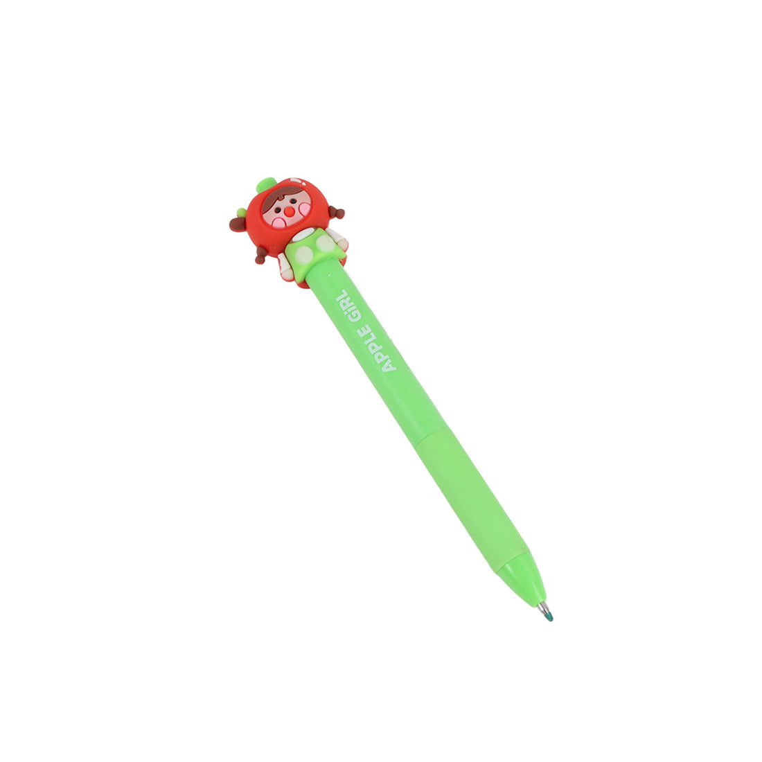 Green apple-girl character pen with dangling arm topper and angled tip
