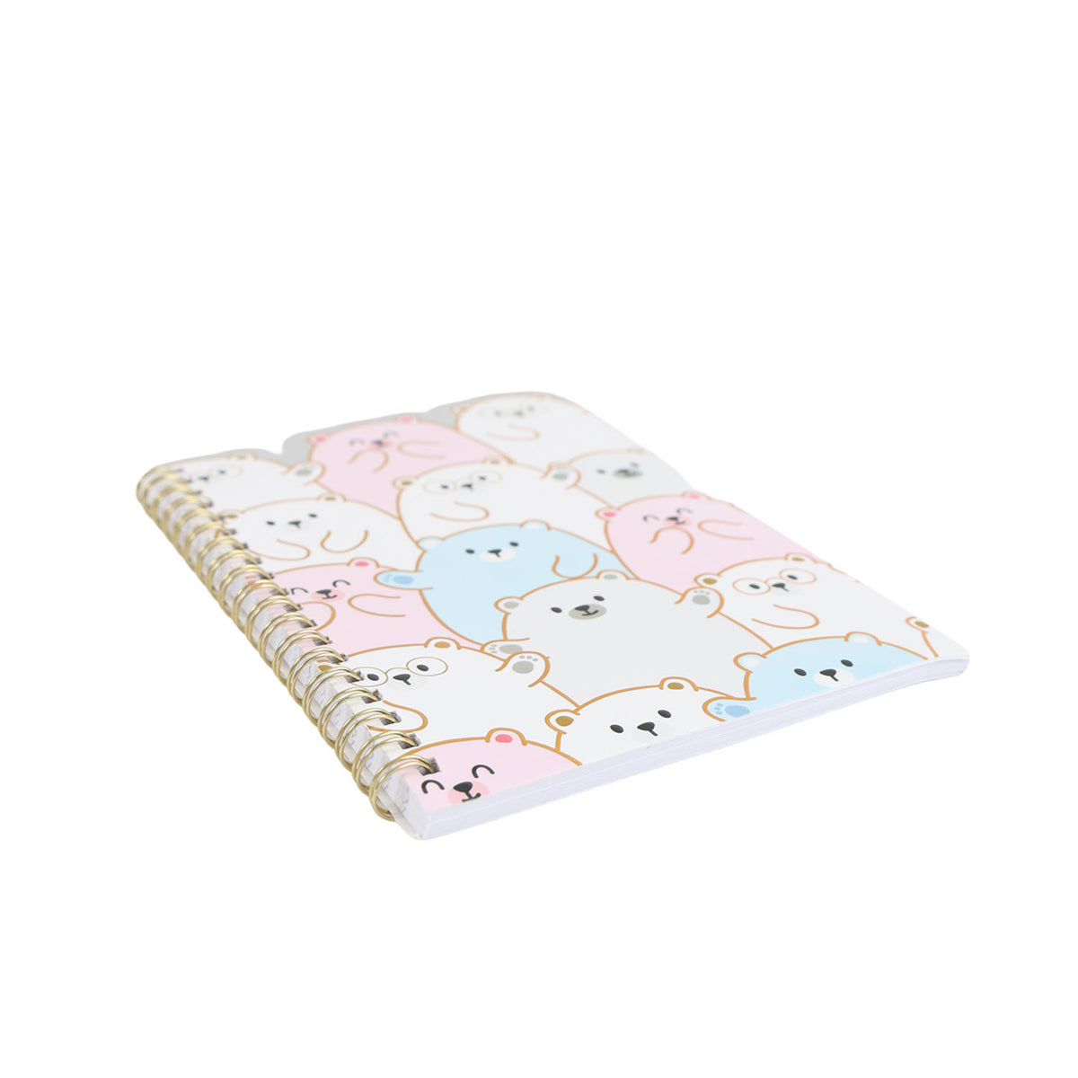 Spiral notebook with pastel bear illustration cover and gold coil binding
