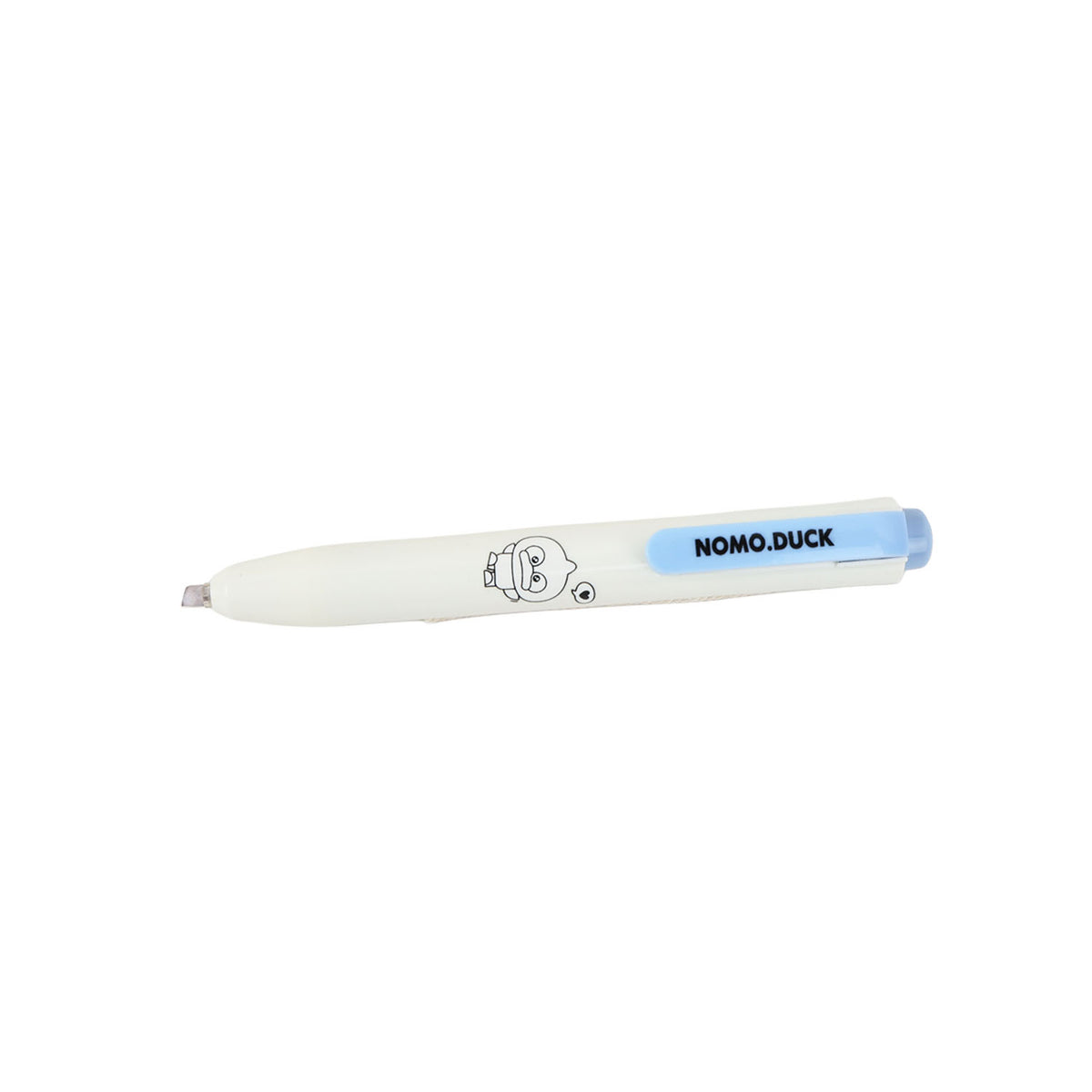 Pastel highlighter pen with blue tip, white barrel, NOMO.DUCK duck logo