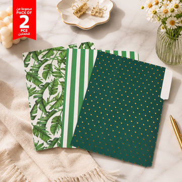 Set of 3 decorative file folders: tropical leaf, green stripes, dark green gold dots.