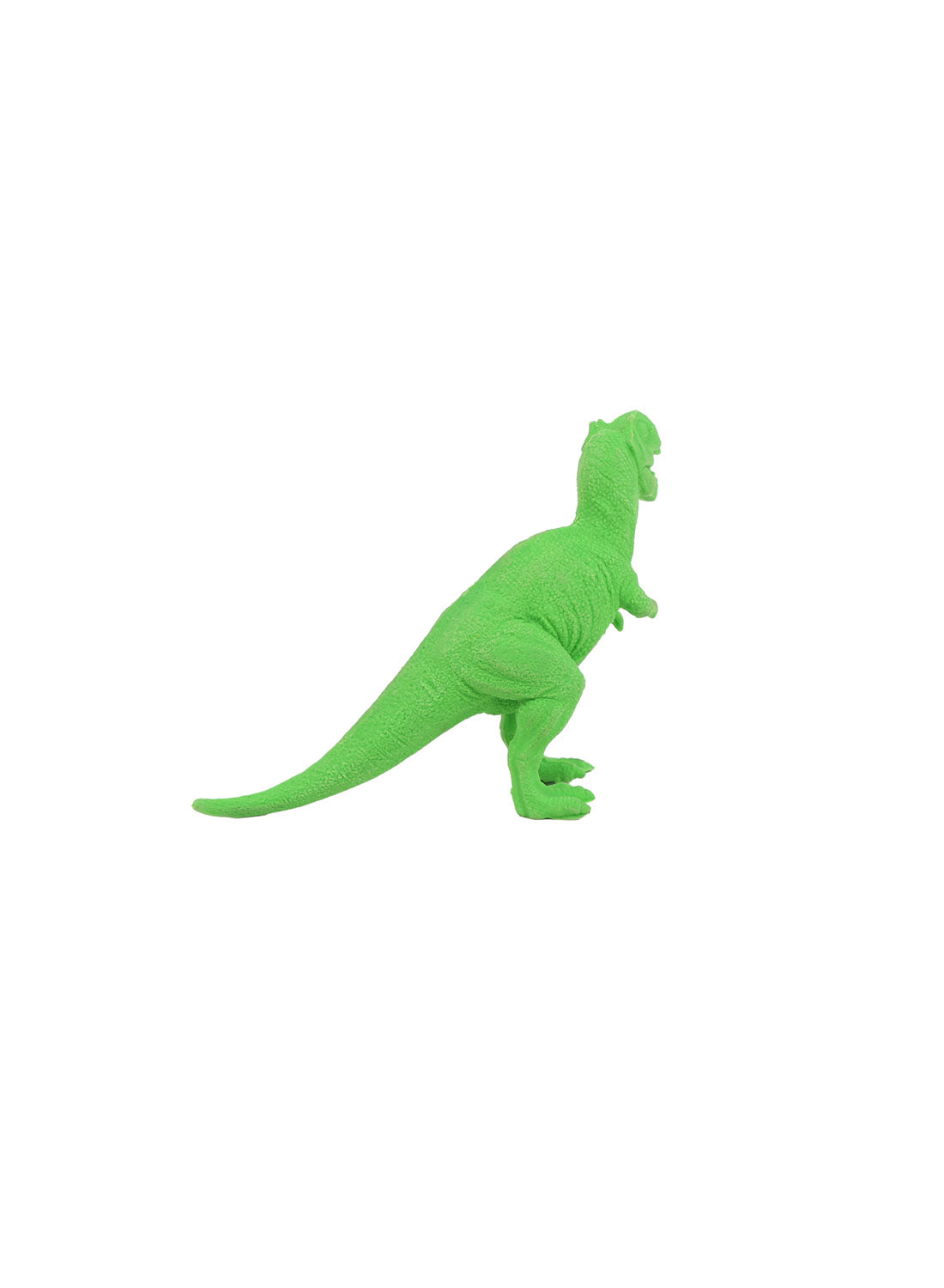 Green T-rex dinosaur toy figure on white background, walking pose