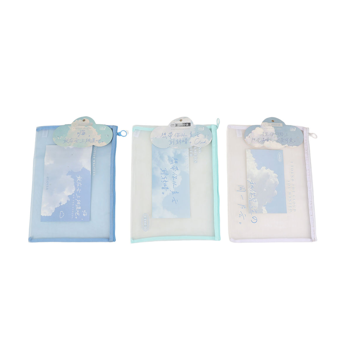Pack of 3 transparent zip file bags with cloud print, light blue, mint, and pale purple