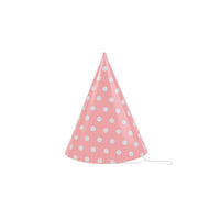 Pink polka dot party cone hat with elastic chin string