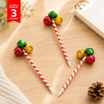 Set of 3 holiday jingle bell pens with red-and-white striped barrels and gold, green, red bells