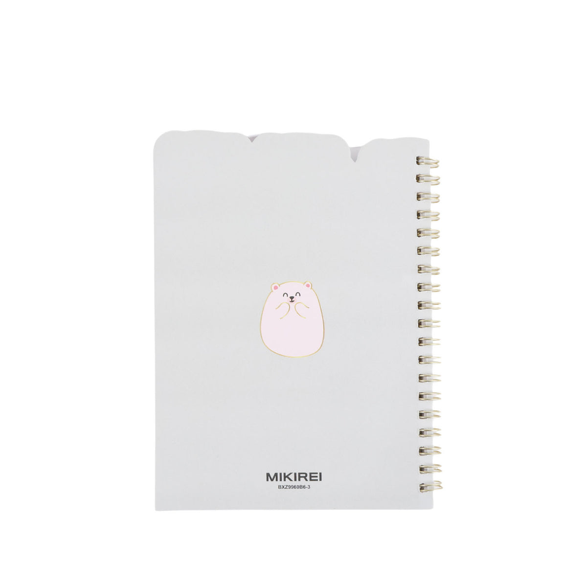 White spiral notebook cover with small bear icon and gold coil binding