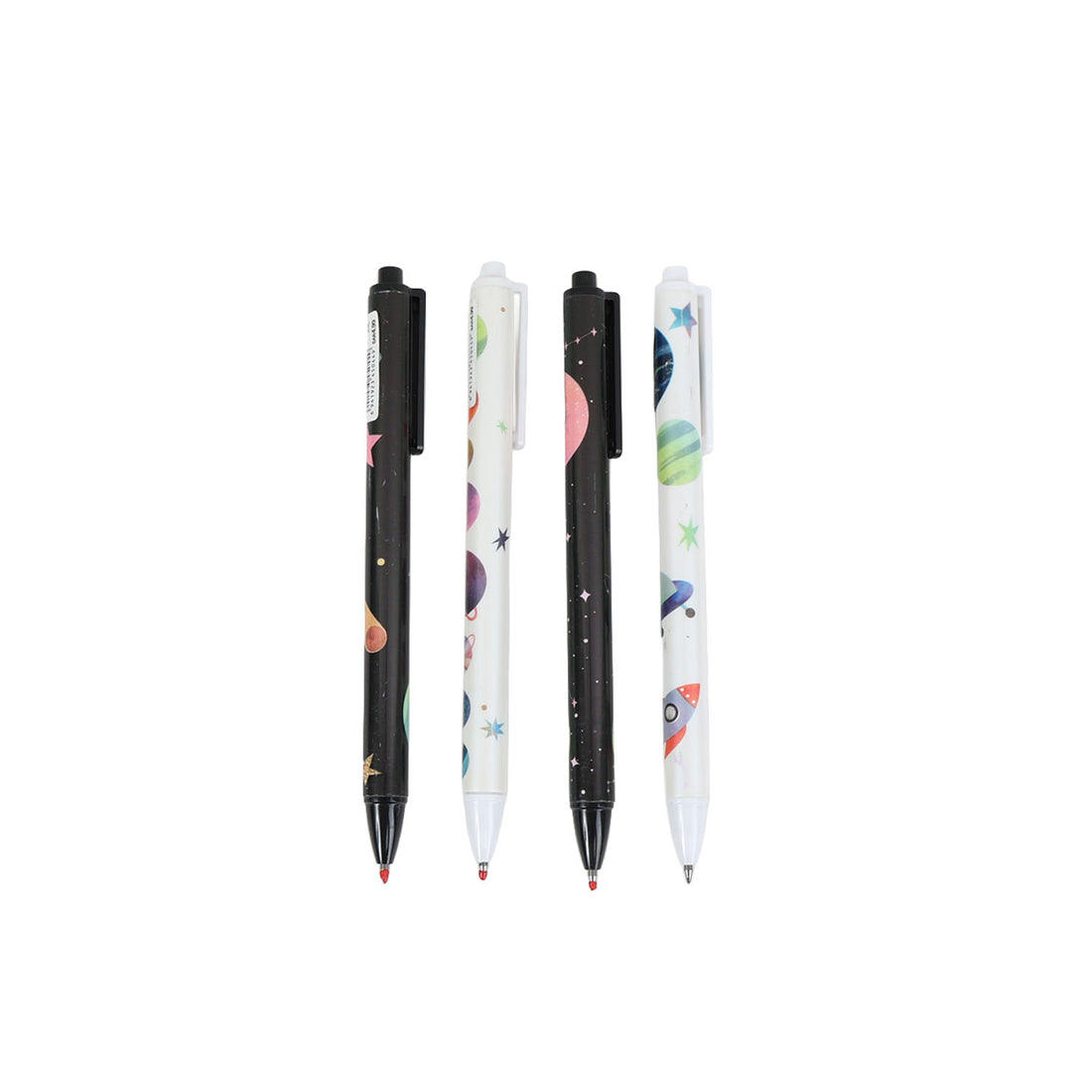 Pack of 6 space print click gel pens, black and white barrels with rocket and star motifs