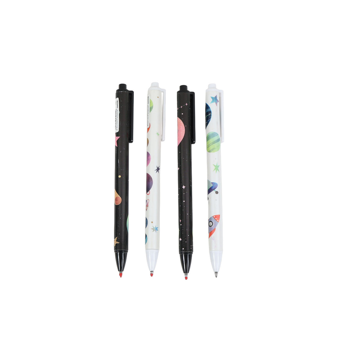 Pack of 6 space print click gel pens, black and white barrels with rocket and star motifs