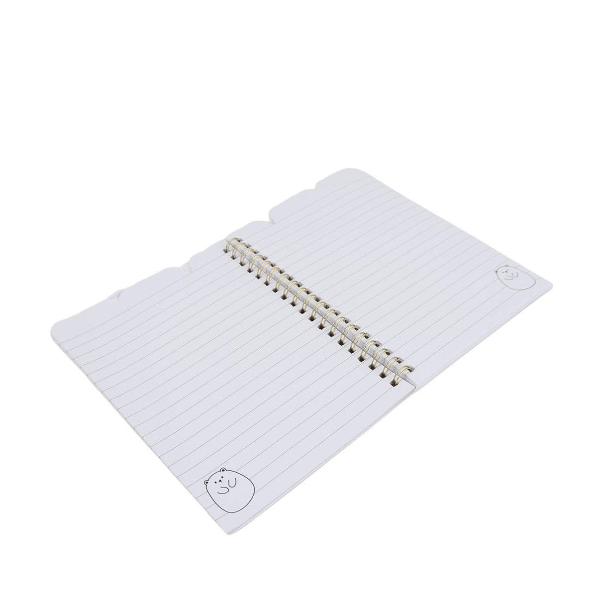 Two spiral notebooks with light gray covers, bear doodles, and gold coil