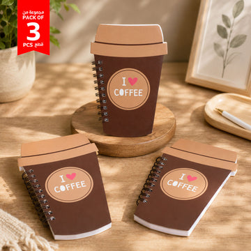Brown coffee cup spiral notebooks set of 3 with 'I Love Coffee' front labels