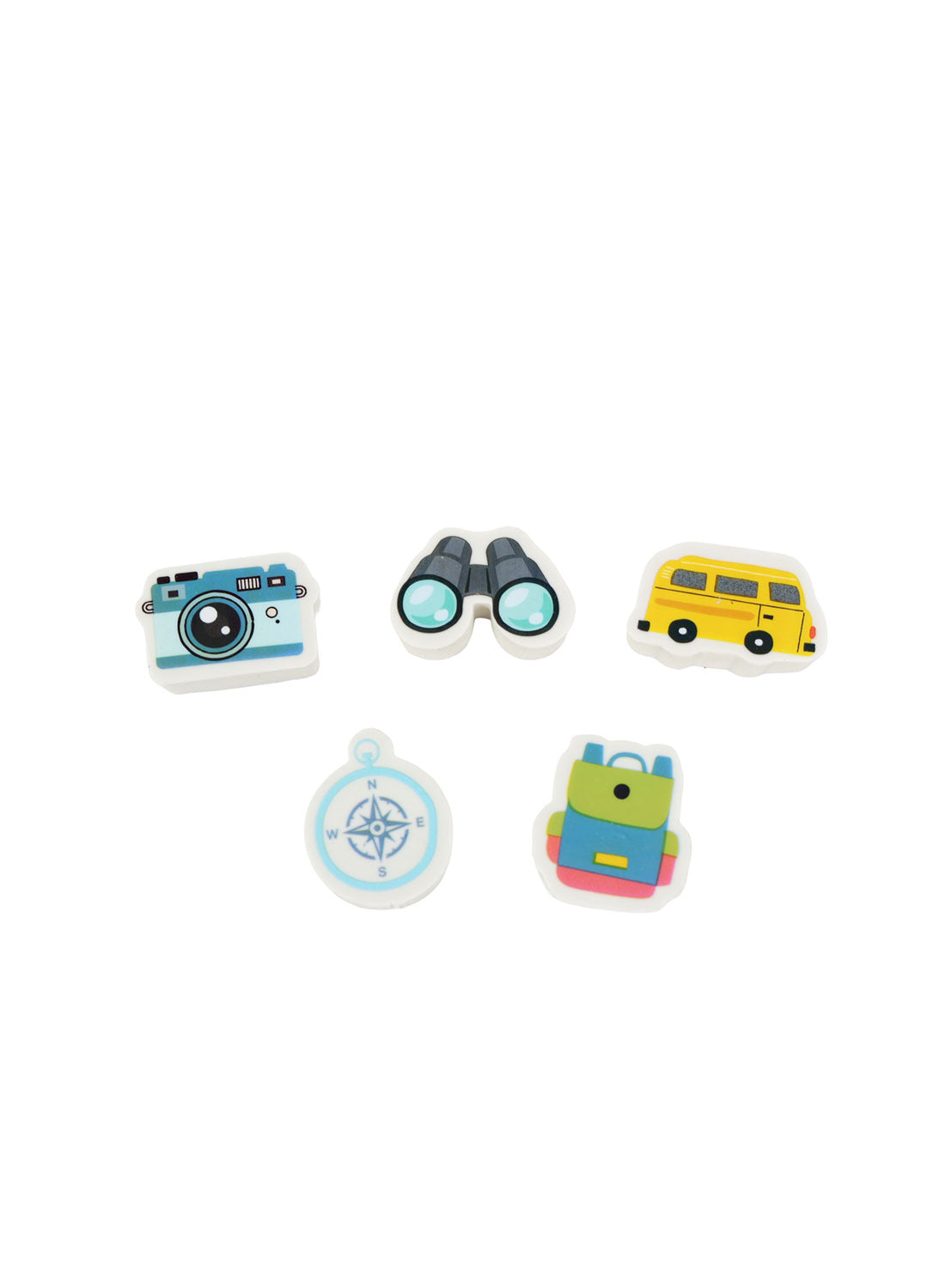 Assorted travel-themed erasers with camera, goggles, yellow bus, backpack, and compass shapes