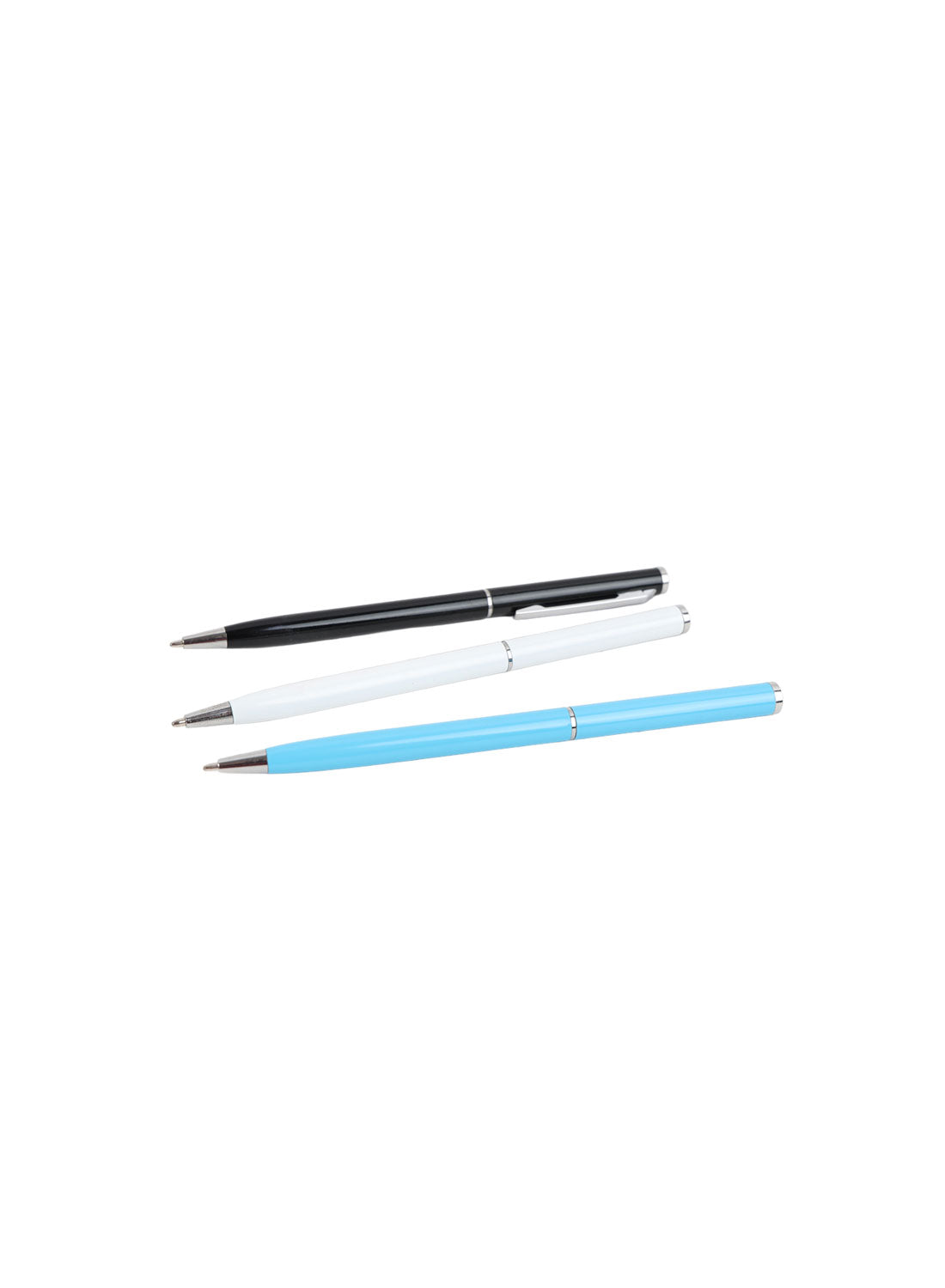 Ballpoint pens set: black, white, and light blue pens with metal tips