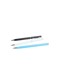Ballpoint pens set: black, white, and light blue pens with metal tips
