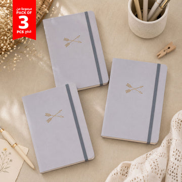 Set of 3 grey A5 hardback notebooks with gold geometric emblem on covers