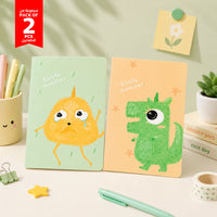 Set of 2 kids notebooks with colorful monster animal covers, one mint one peach