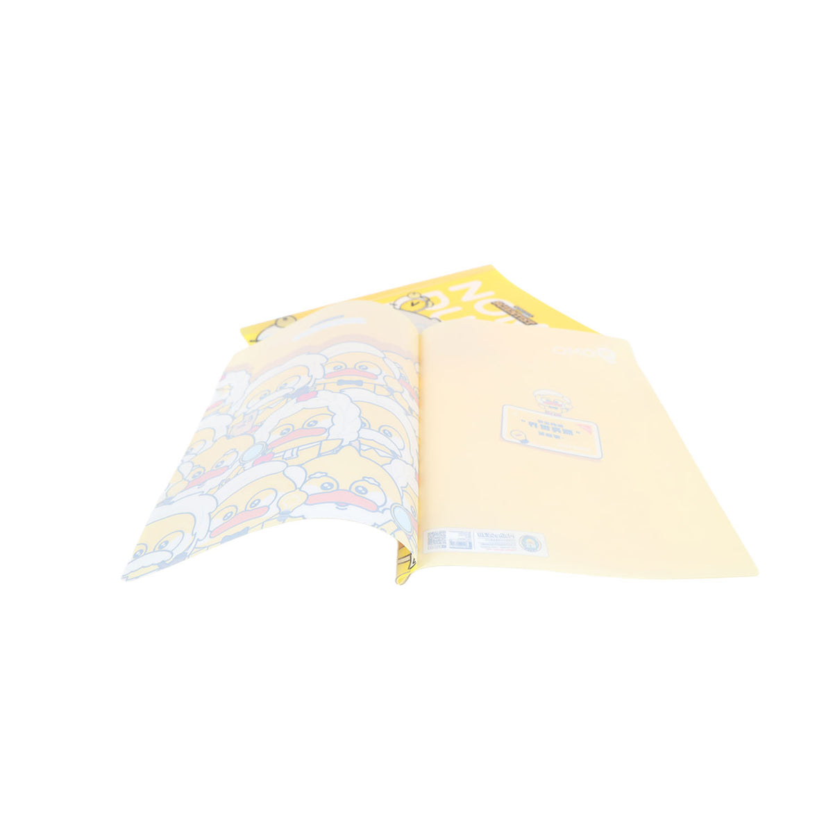 Two yellow duck scientist notebooks partially open, illustrated pages and back panel.