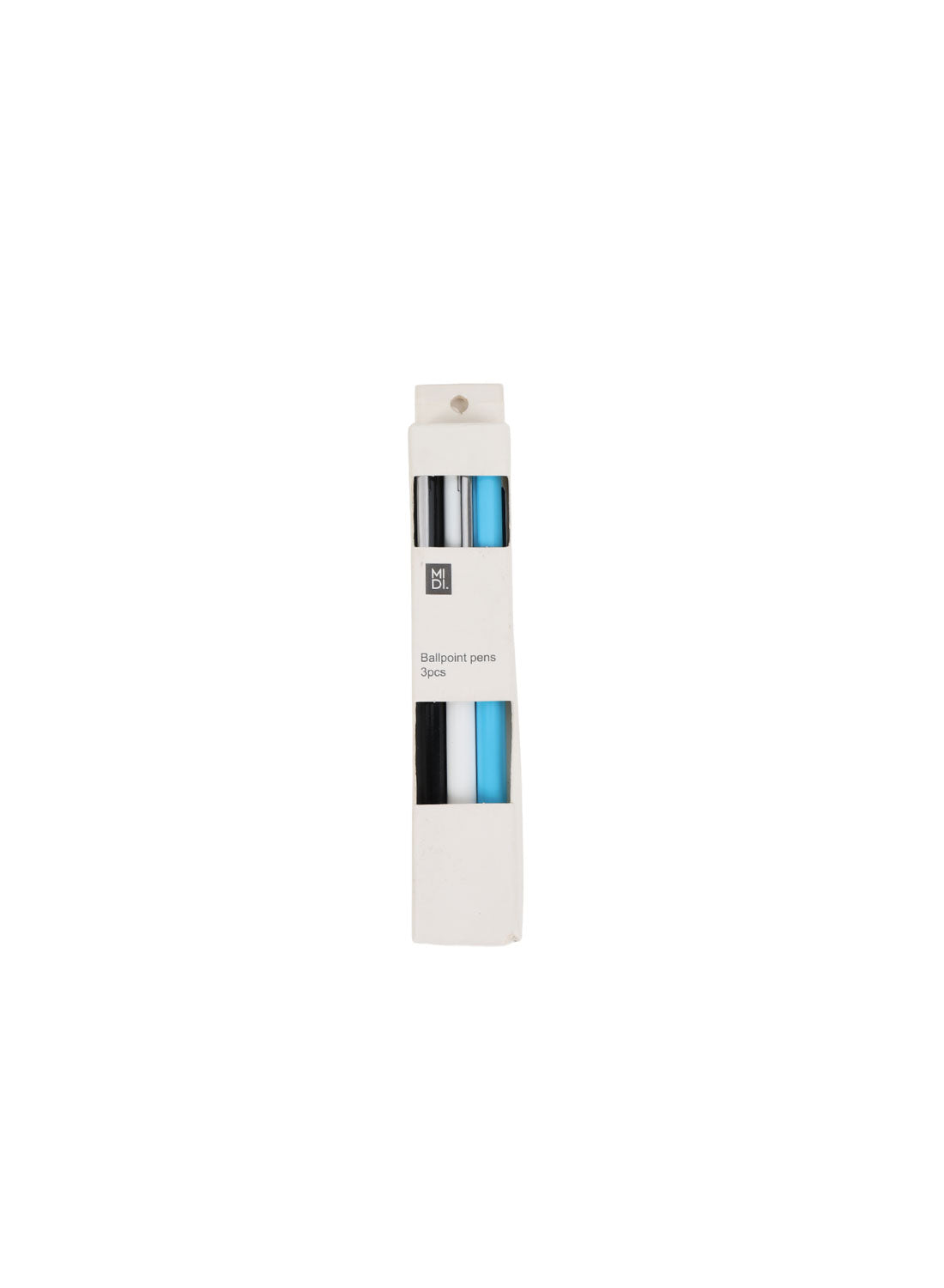 Packaged ballpoint pen set showing 3 colors: black, white, light blue