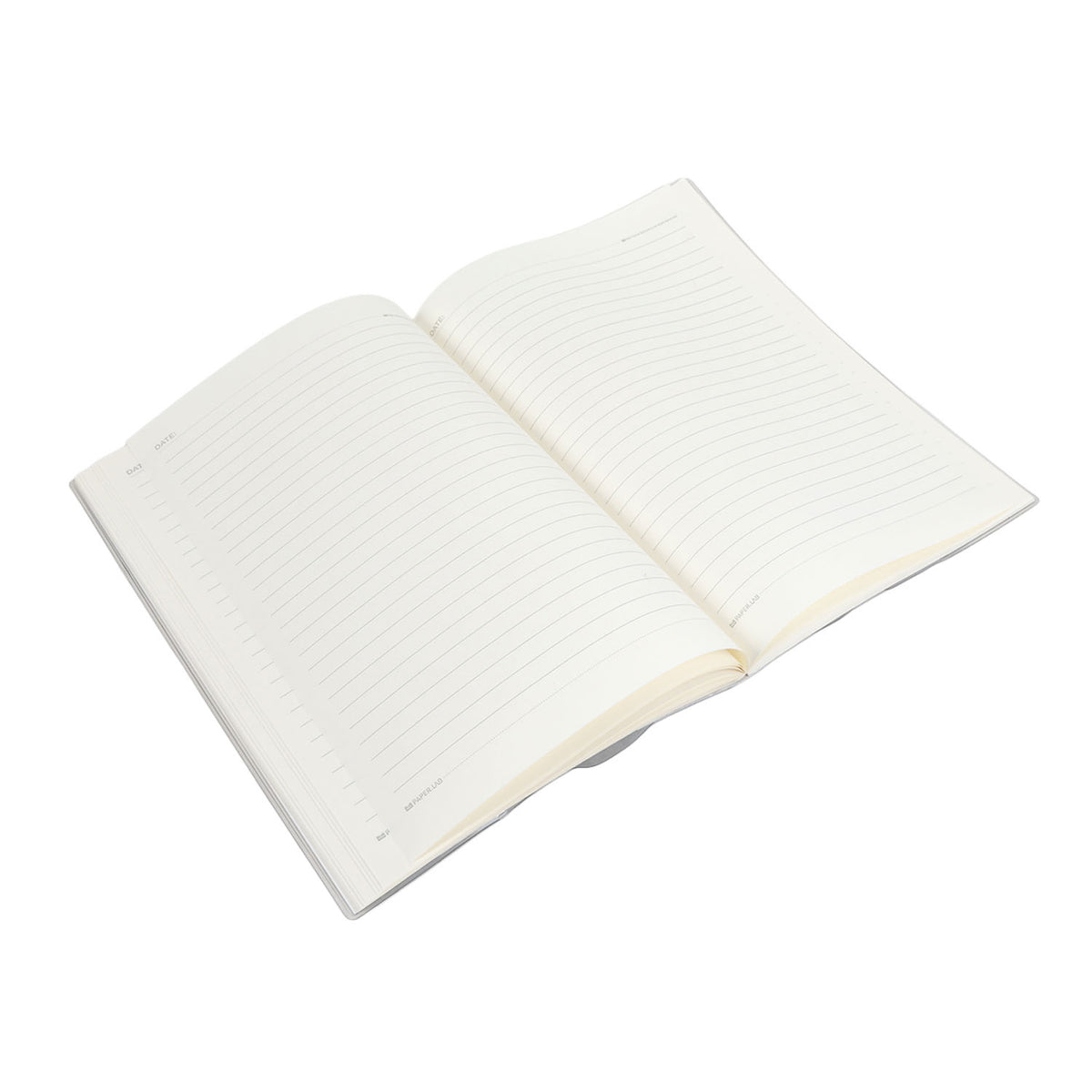 Open B5 notebook showing two-page spread with faint lines and cream edges