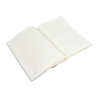 Open B5 notebook showing two-page spread with faint lines and cream edges