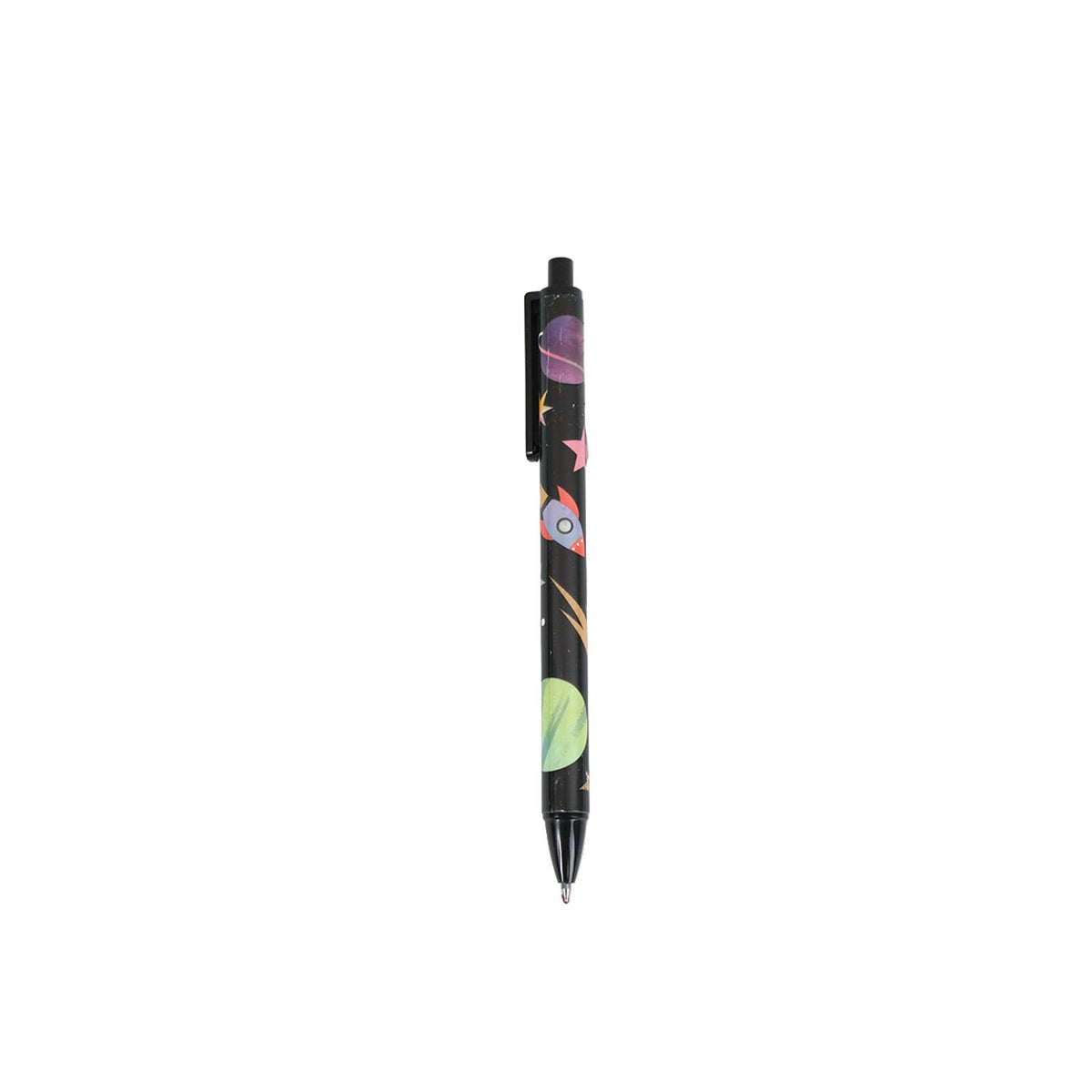 Space theme click gel pen with black barrel and colorful planet/rocket graphic