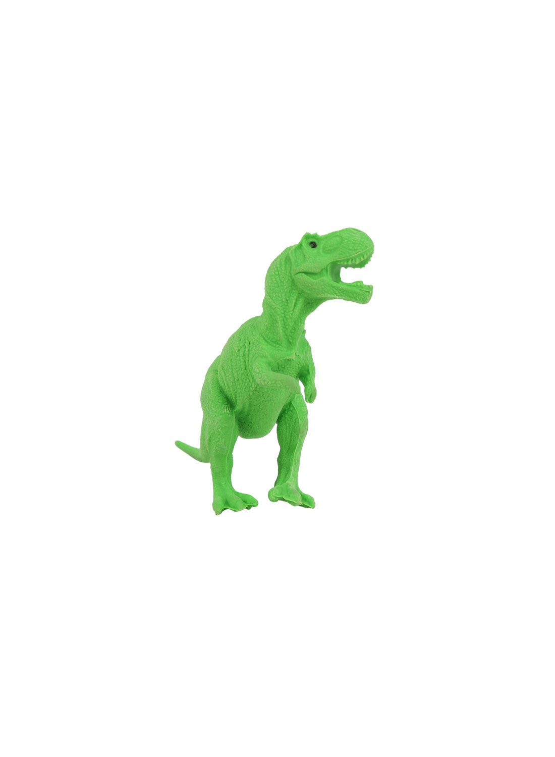 Green T-rex dinosaur toy figure on white background, front-left view