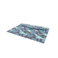 Angled dinosaur print document folder, dark blue with teal and aqua dinosaur pattern
