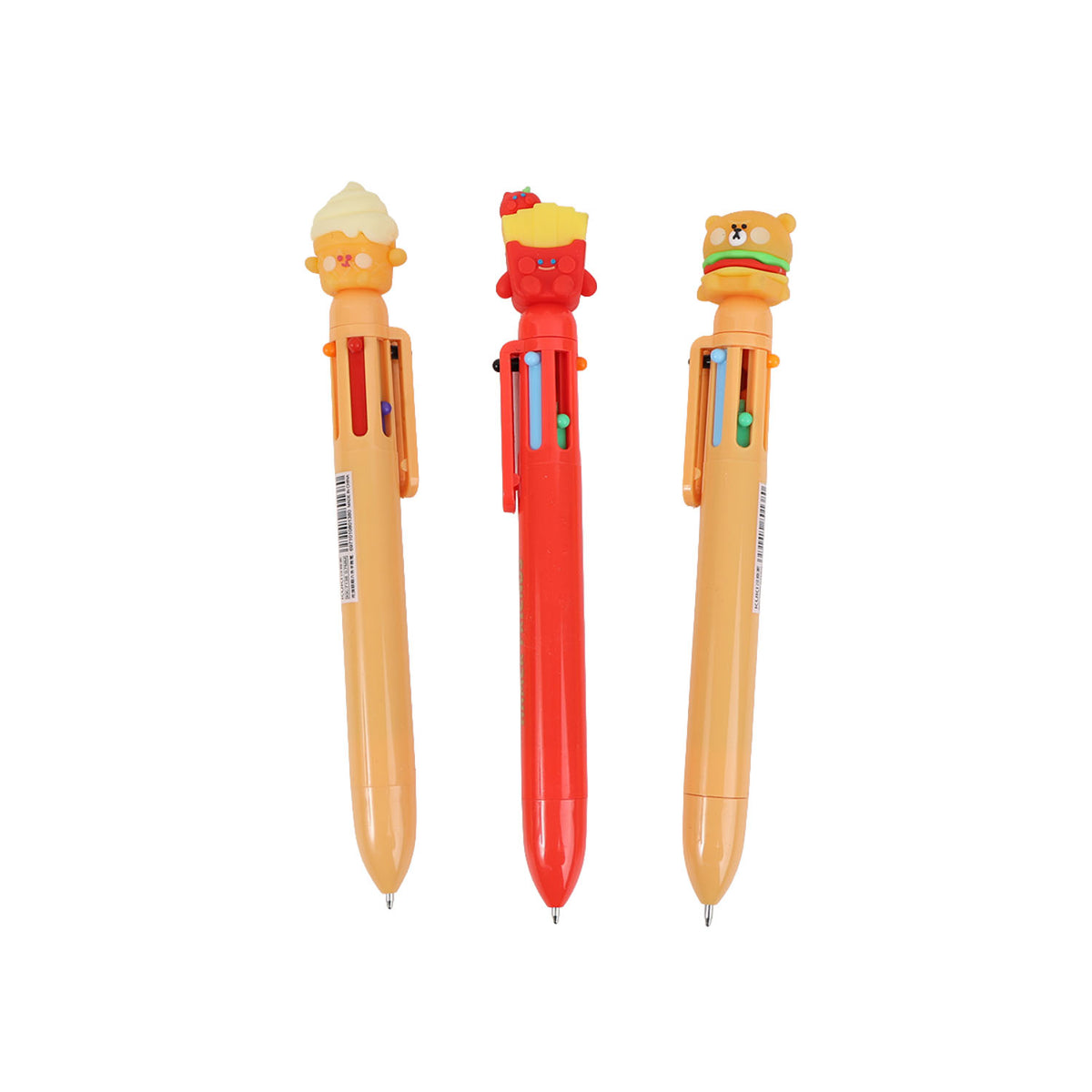Set of 6 cartoon character pens: red center and orange pens with animal caps