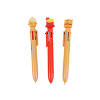 Set of 6 cartoon character pens: red center and orange pens with animal caps