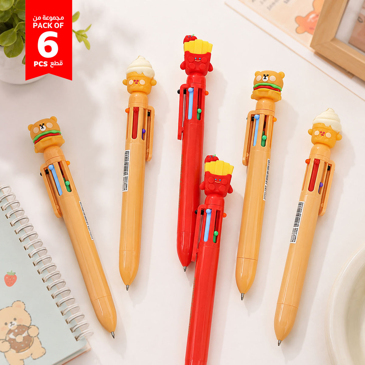 Set of 6 cartoon character pens in mixed orange and red, with animal head caps