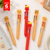 Set of 6 cartoon character pens in mixed orange and red, with animal head caps