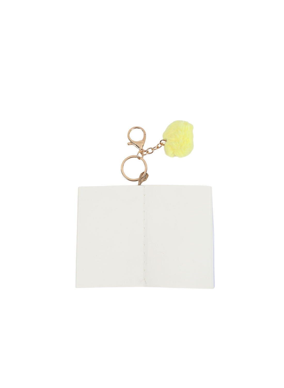 White mini notebook keychain with yellow pom pom and gold metal ring