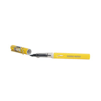Yellow cartoon fountain pen with clear barrel and metal nib, cap detached