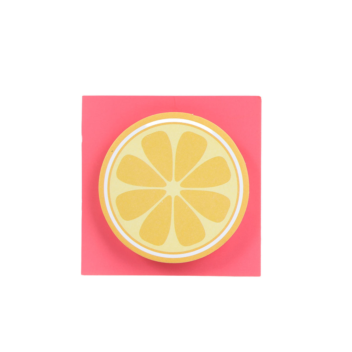 Lemon slice sticky note square with circular yellow fruit design on pink sheet