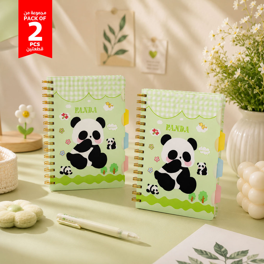 Pack of 2 panda spiral notebooks with dividers, green gingham covers, gold coil rings