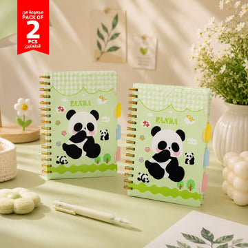 Pack of 2 panda spiral notebooks with dividers, green gingham covers, gold coil rings