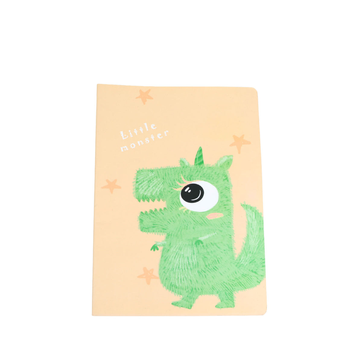 Monster notebook with peach cover and green monster face illustration