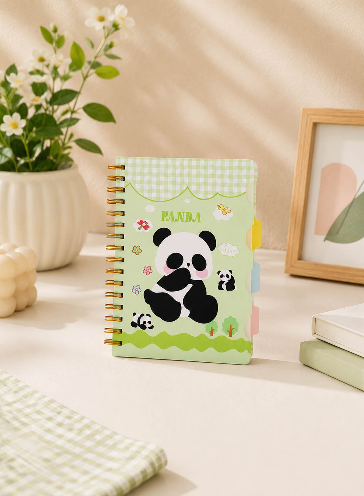 Pack of 2 panda spiral notebooks with dividers, green gingham cover, panda illustration, gold rings