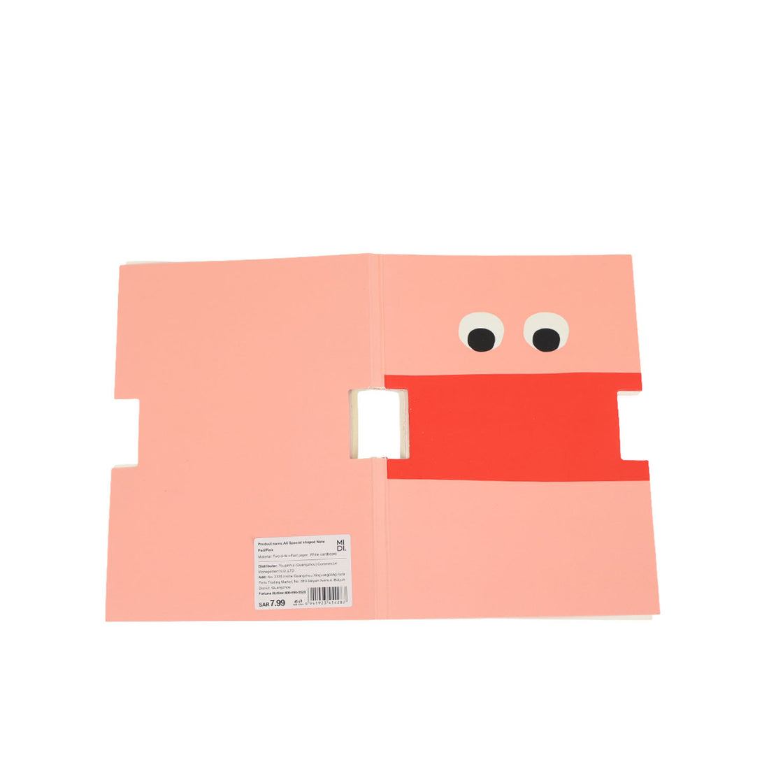 Cartoon face notebook back cover with pink and red design and barcode label