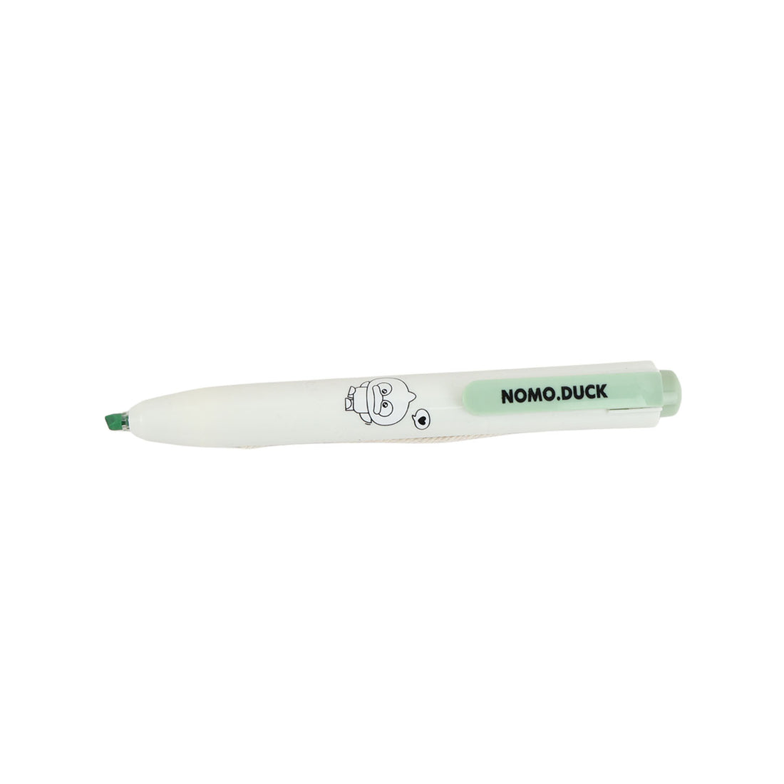 Pastel highlighter pen with green tip, white barrel, NOMO.DUCK duck logo
