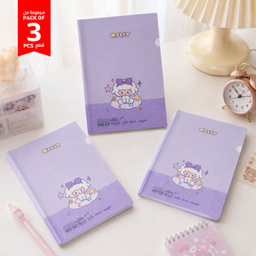 Set of three purple Molly plastic file folders with cute unicorn character art