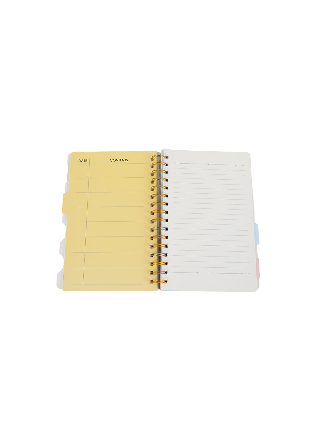 Open panda spiral notebook with dividers, left yellow section and right lined pages, gold coil binding