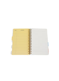 Open panda spiral notebook with dividers, left yellow section and right lined pages, gold coil binding