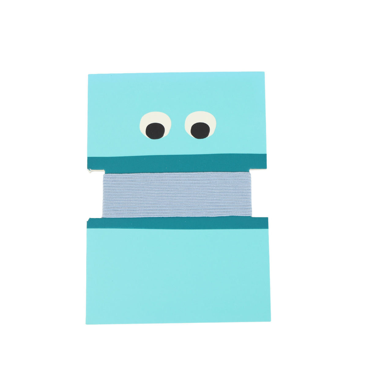 Blue cartoon cable organizer with two large eyes and gray fabric center strip