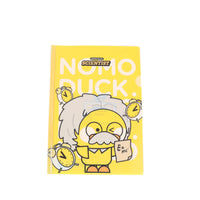 Yellow duck scientist notebook front cover with one duck holding a clipboard.