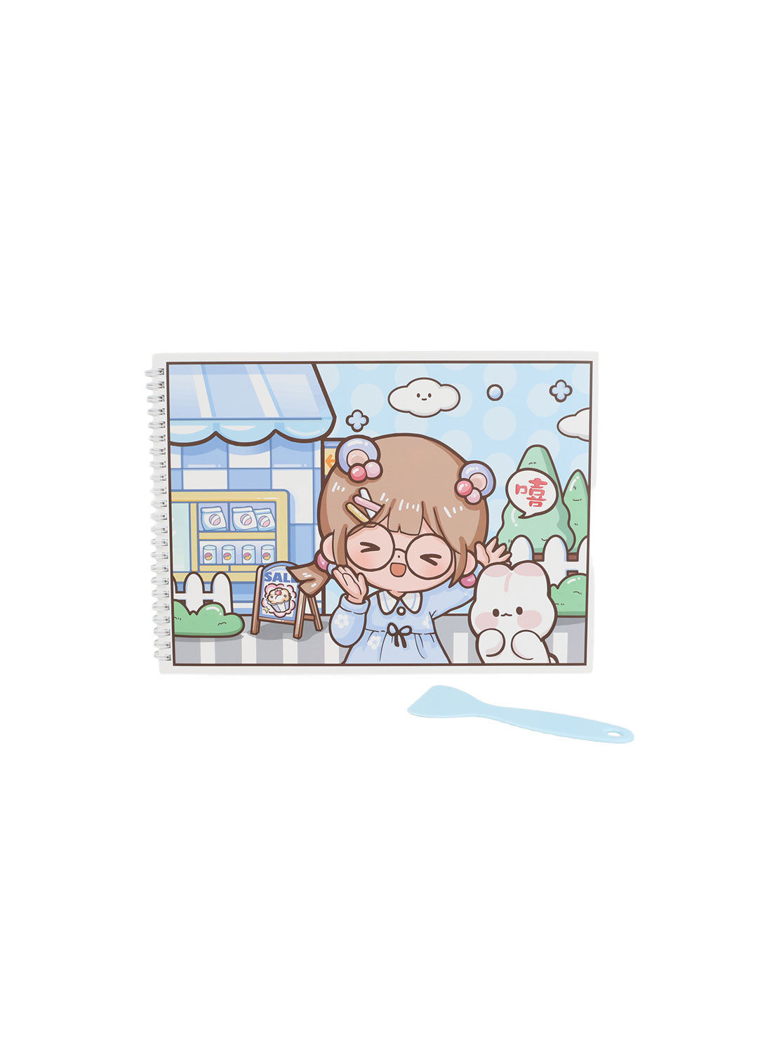 A4 small notebook with blue storefront illustration, chibi bear and glasses girl