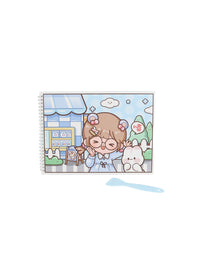 A4 small notebook with blue storefront illustration, chibi bear and glasses girl