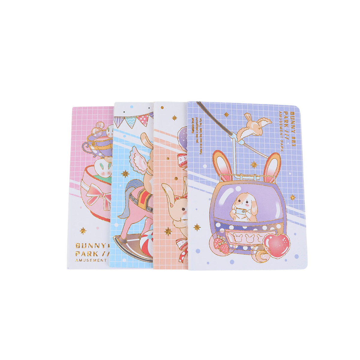 Four cute bunny park cartoon notebooks with mixed pastel covers, rabbit scenes and balloons