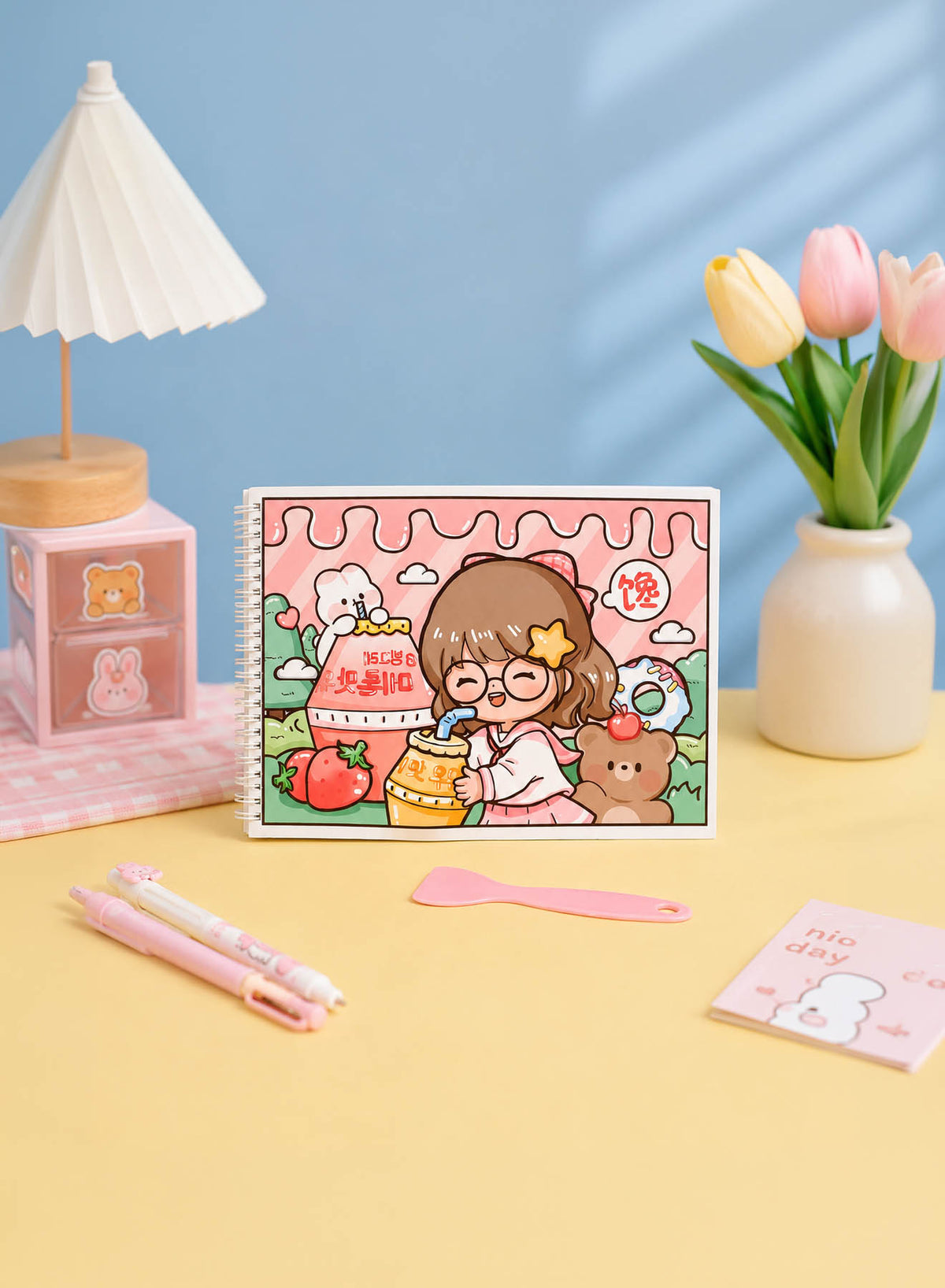 A4 small notebook with pink dessert-shop illustration and chibi animal character