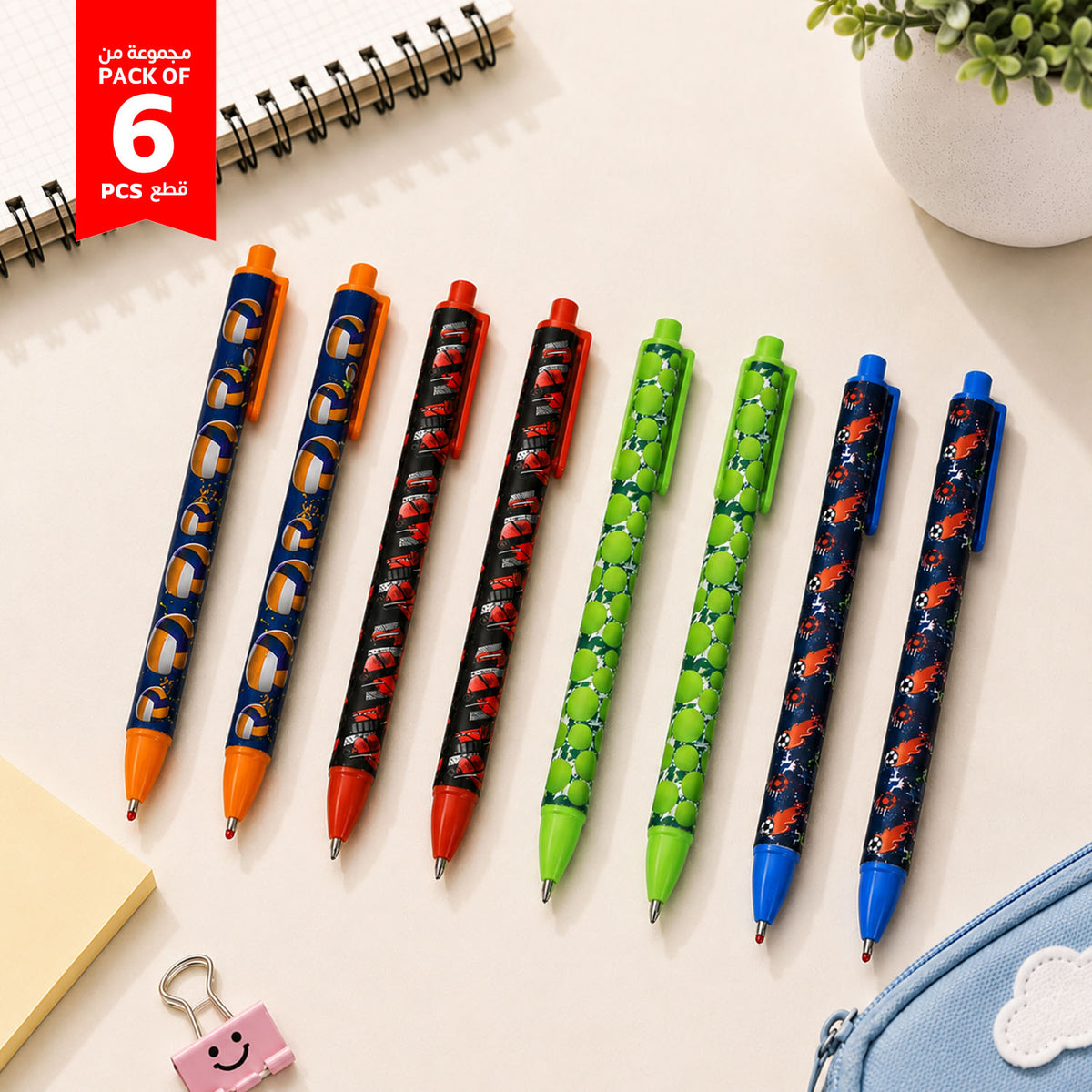 Mixed-color sports-themed ballpoint pen pack of 6 with patterned grips
